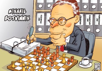 Dibujo de Botvinnik ante el tablero tomando notas en un bloc, con una taza de café a su izquierda y varios tomos de aperturas a su espalda